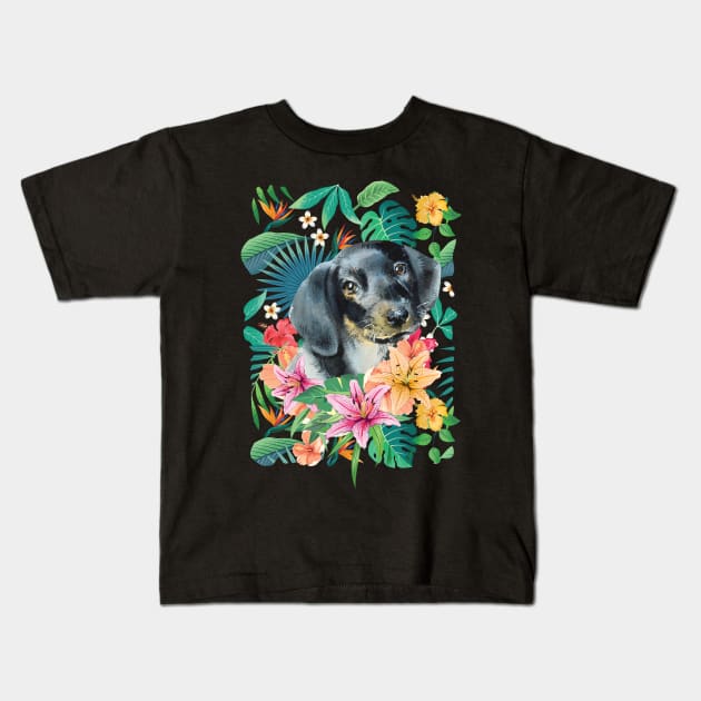 Tropical Black Tan Dachshund Doxie 1 Kids T-Shirt by LulululuPainting